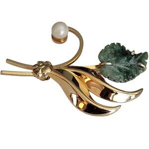 Sorrento Vintage 1-20 12K GF Leaf Pearl Jade Pin Brooch, Signed M706